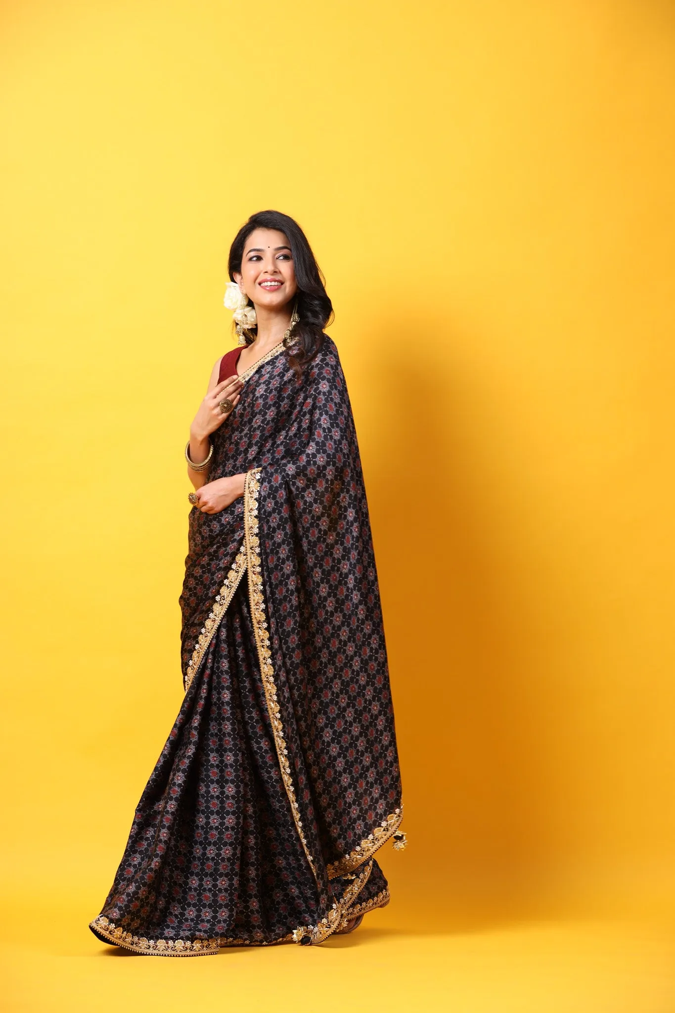 90Z641-RO Black Printed Georgette Saree with Lace Border