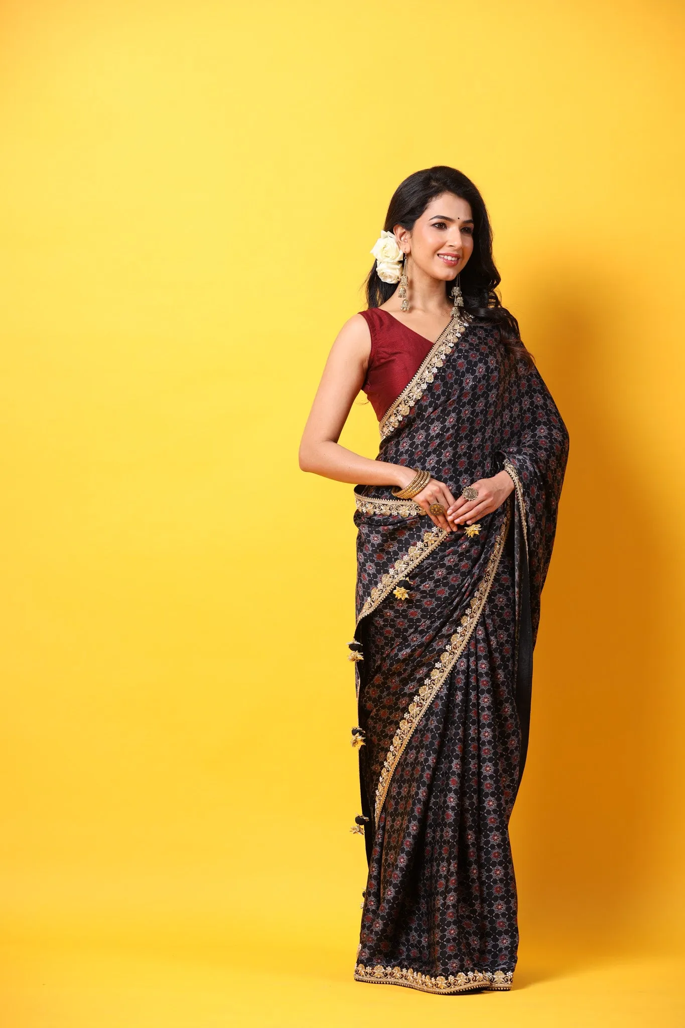 90Z641-RO Black Printed Georgette Saree with Lace Border