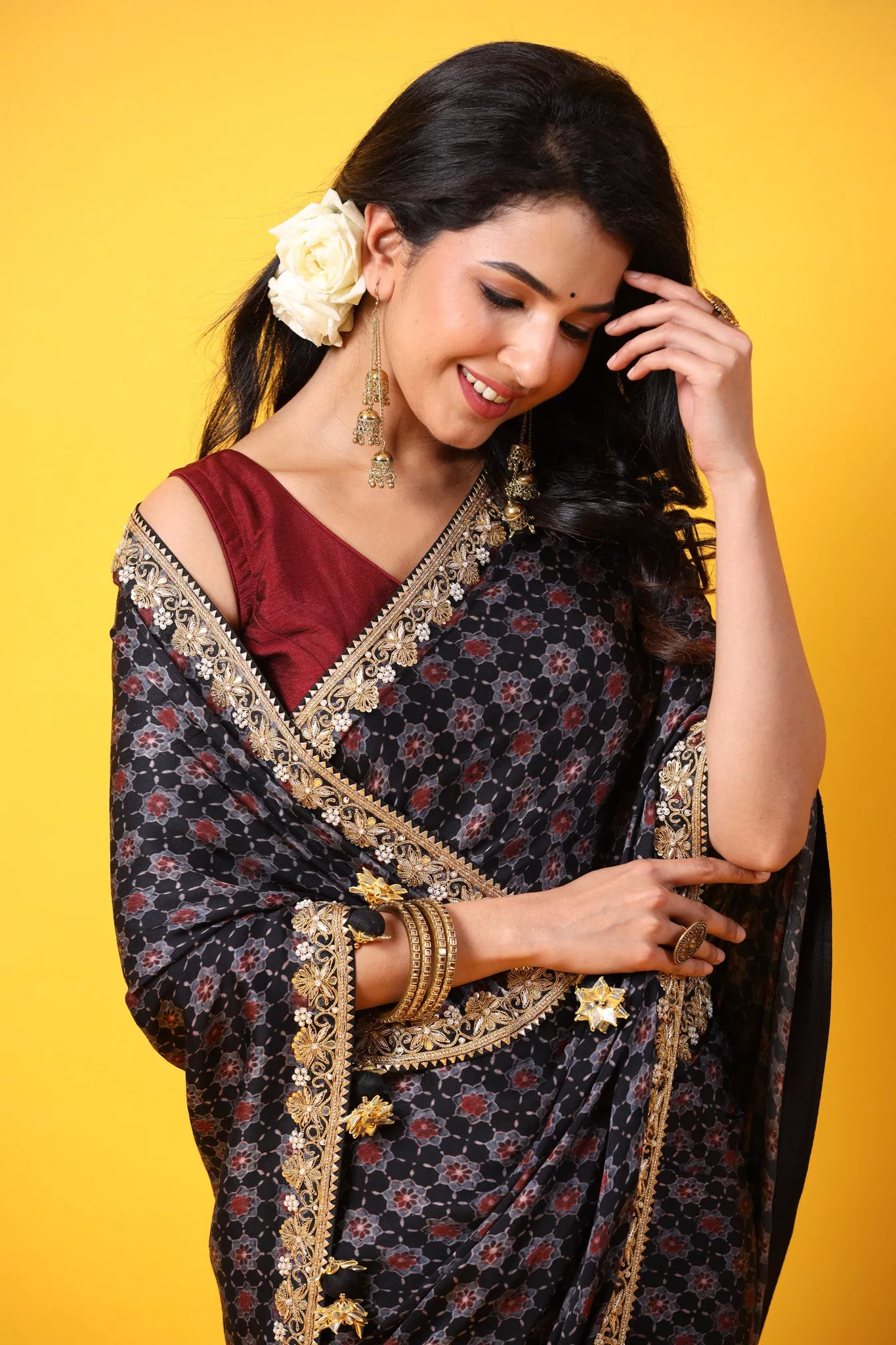 90Z641-RO Black Printed Georgette Saree with Lace Border