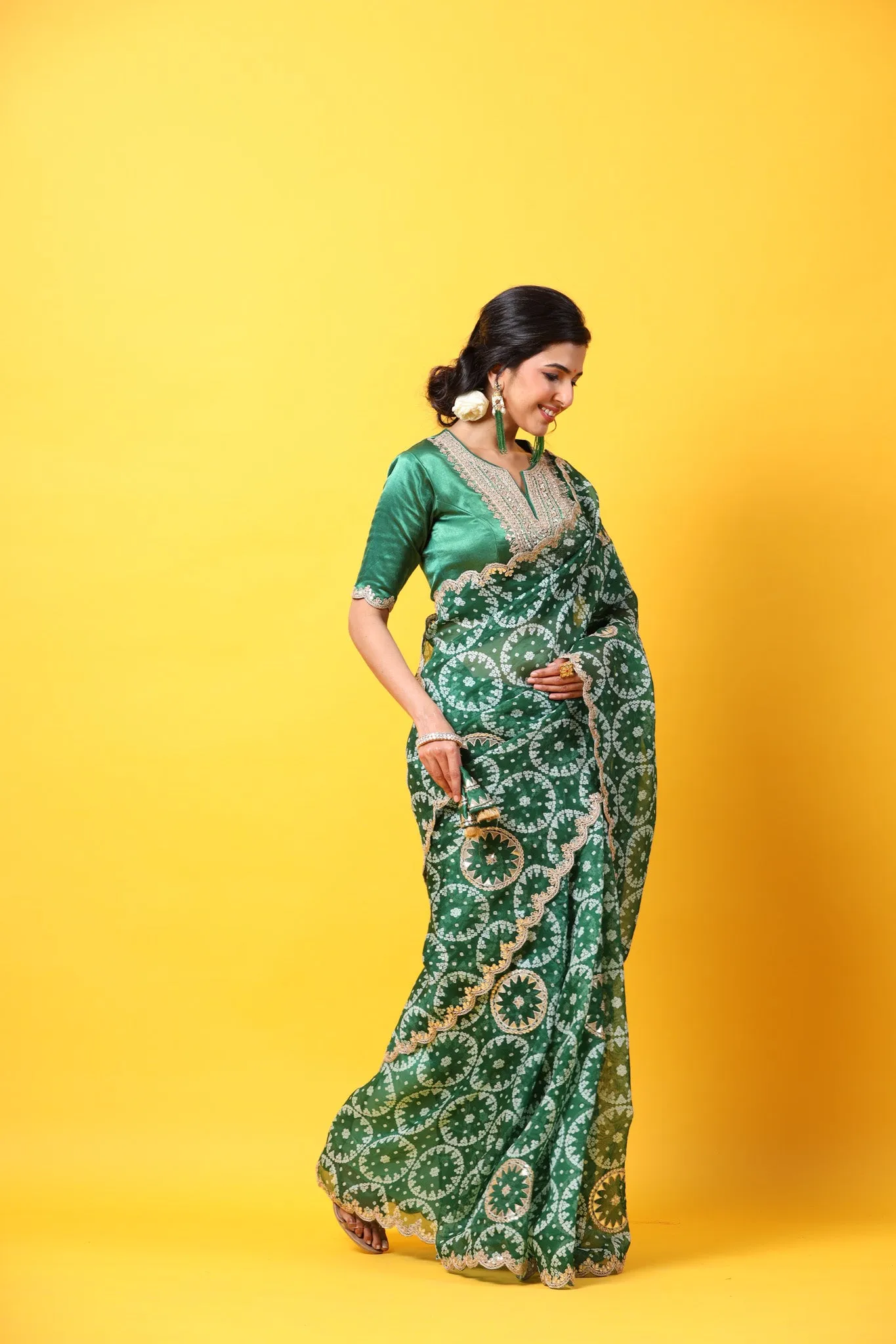 90Z650A-RO Green Printed Organza Saree with Scalloped Border