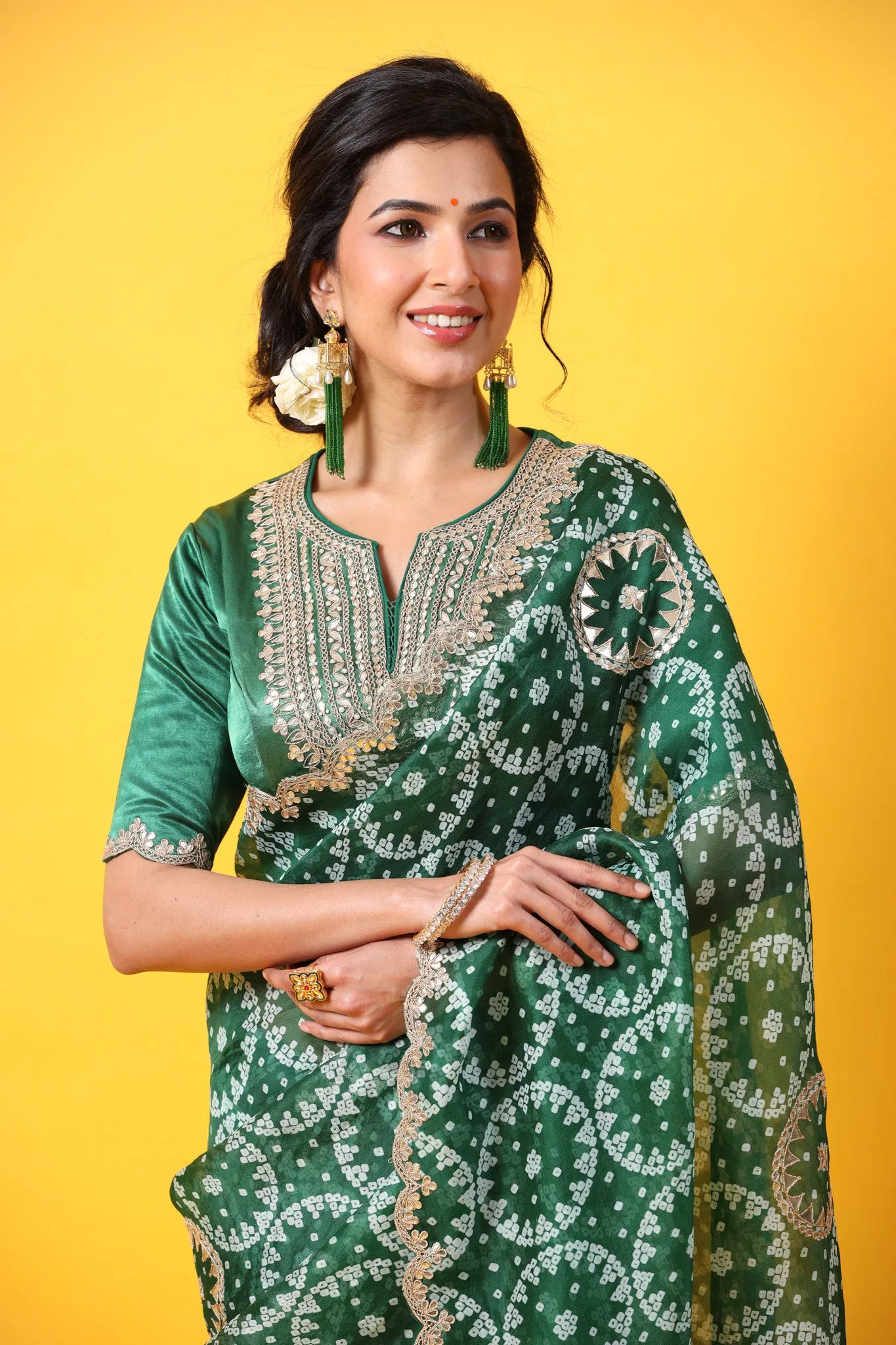 90Z650A-RO Green Printed Organza Saree with Scalloped Border