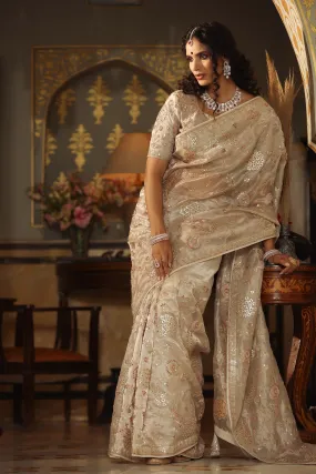 90Z735-RO Cream Heavy Embroidery Organza Silk Saree