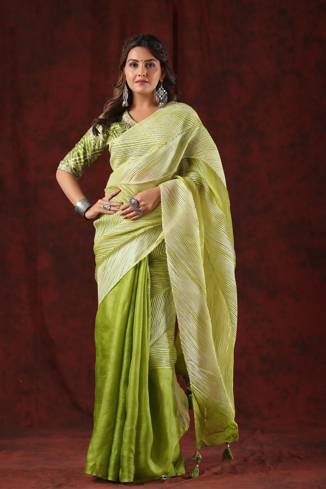 90Z806-RO Pista Green Striped Tussar Silk Sari with Bandhej Blouse