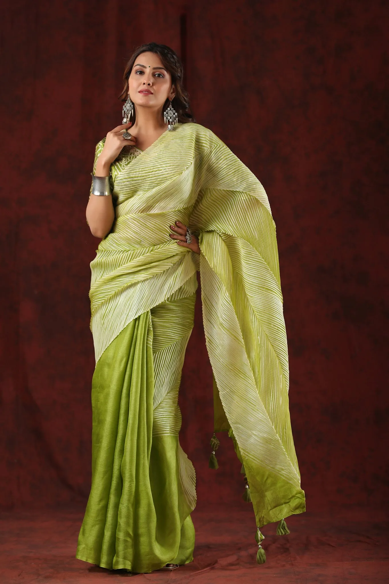 90Z806-RO Pista Green Striped Tussar Silk Sari with Bandhej Blouse