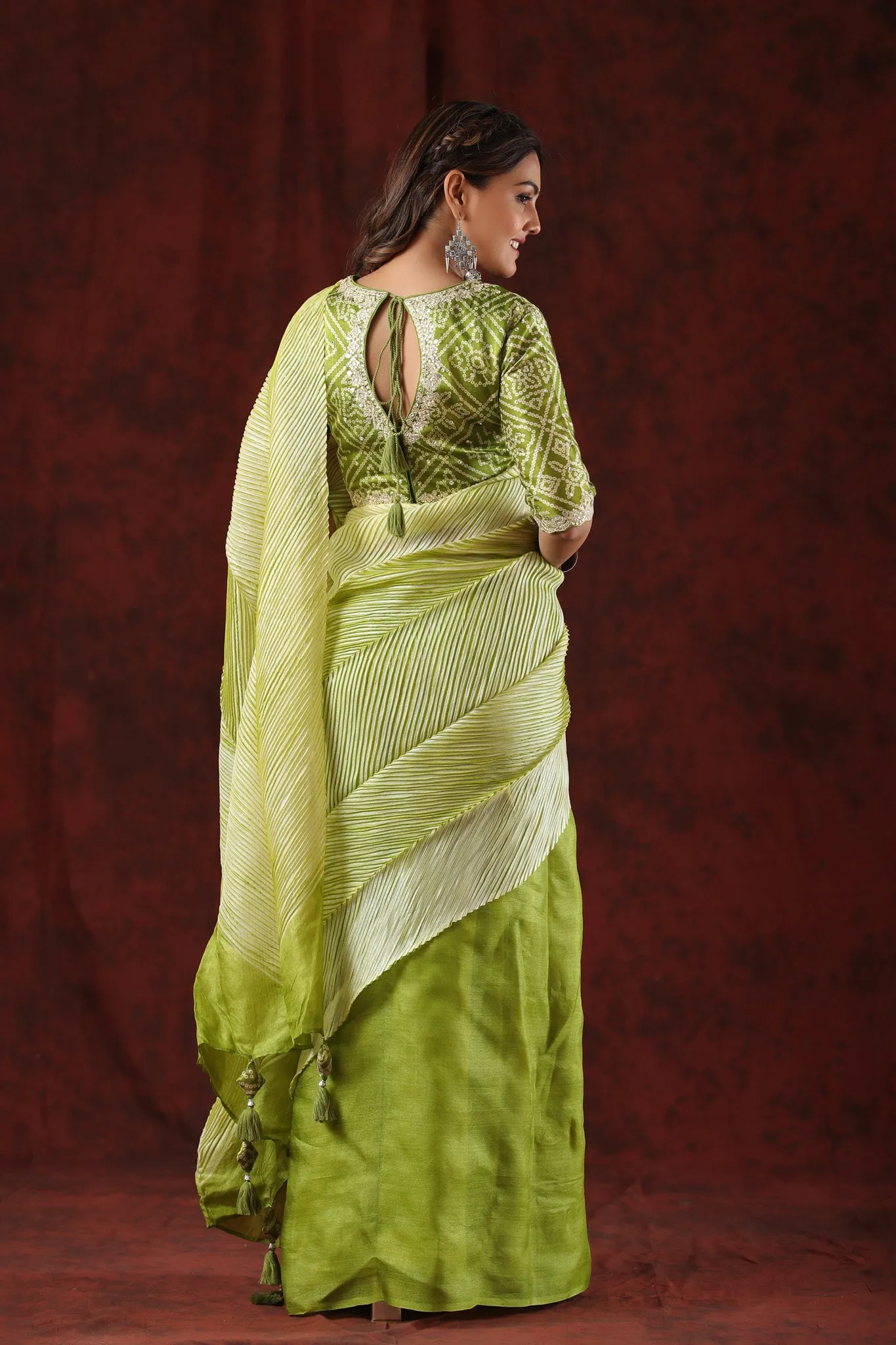 90Z806-RO Pista Green Striped Tussar Silk Sari with Bandhej Blouse