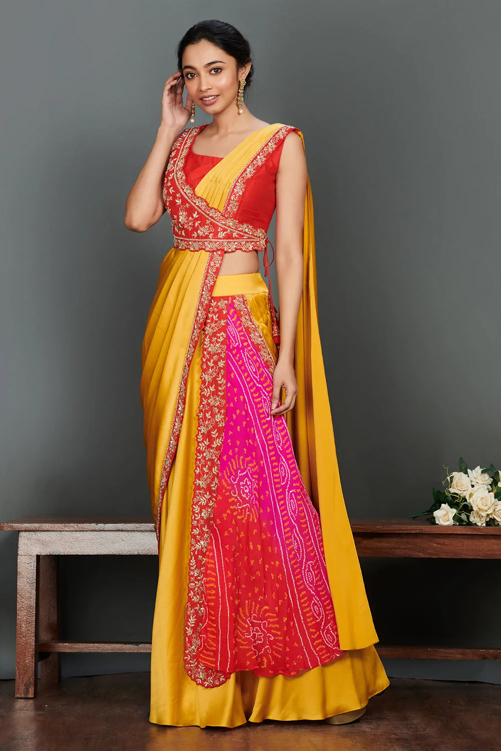 90Z949-RO Mustard Silk Bhandej Saree Set With Red Blouse