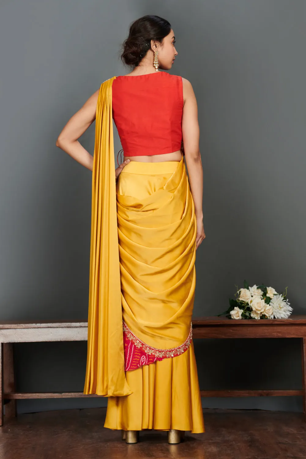 90Z949-RO Mustard Silk Bhandej Saree Set With Red Blouse