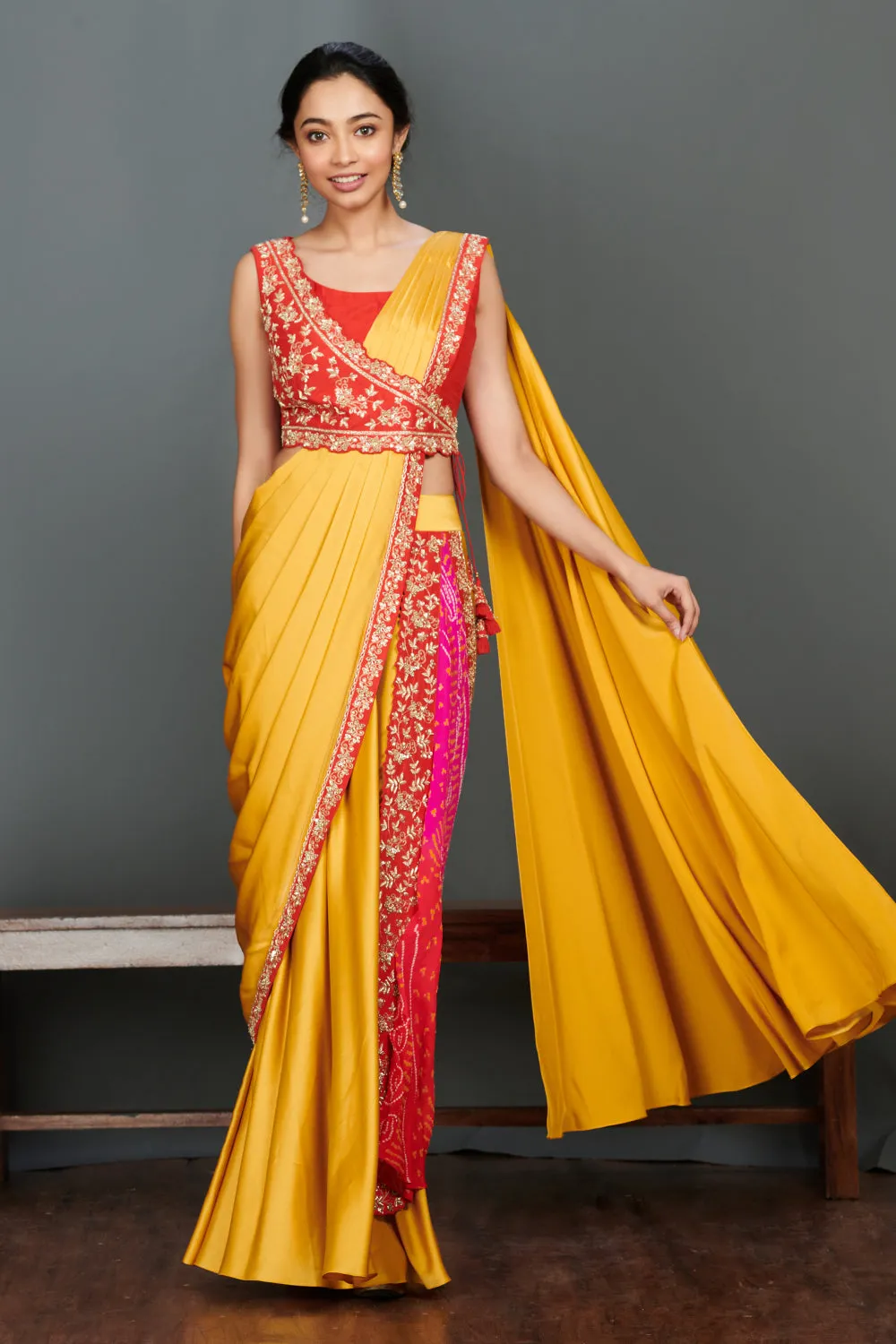 90Z949-RO Mustard Silk Bhandej Saree Set With Red Blouse