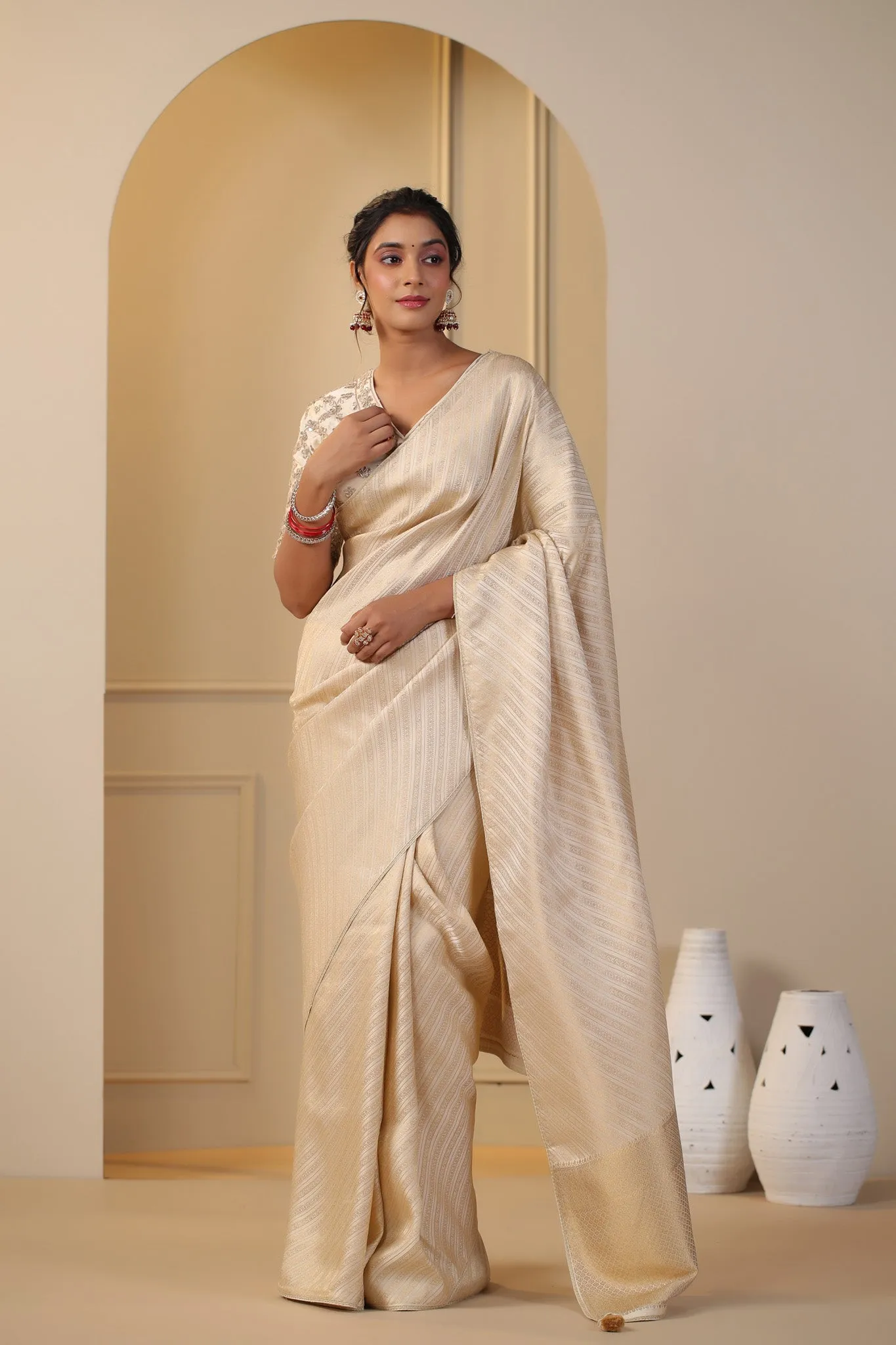 91Z177-RO Cream Silk Saree with Embroidered Saree Blouse