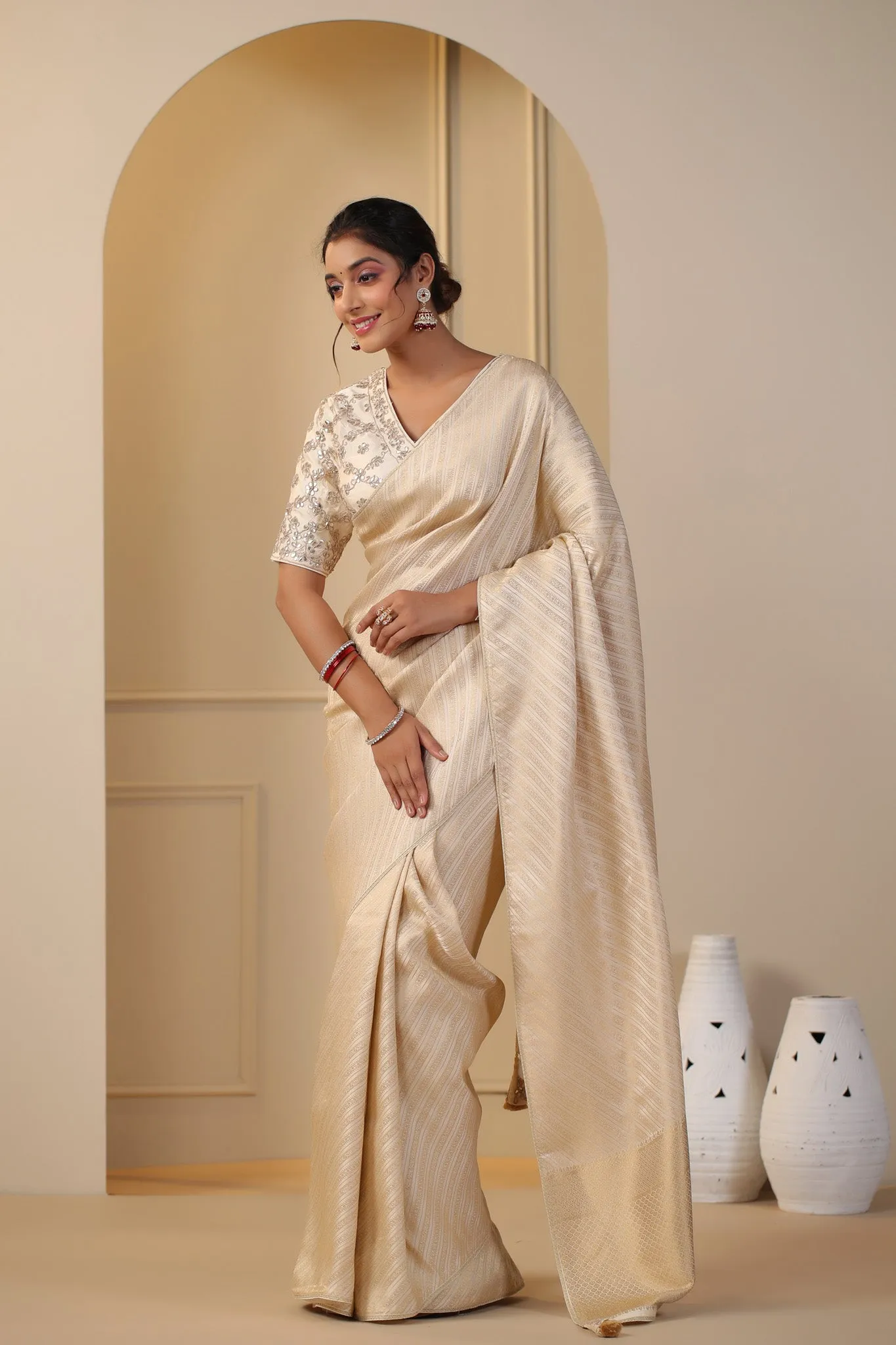 91Z177-RO Cream Silk Saree with Embroidered Saree Blouse