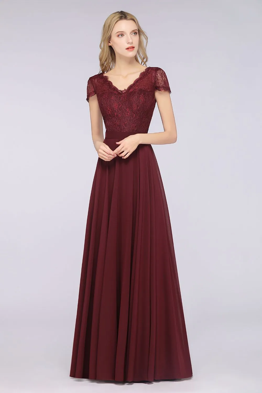 A-Line Chiffon Lace V-Neck Long Bridesmaid Dress with Sleeves