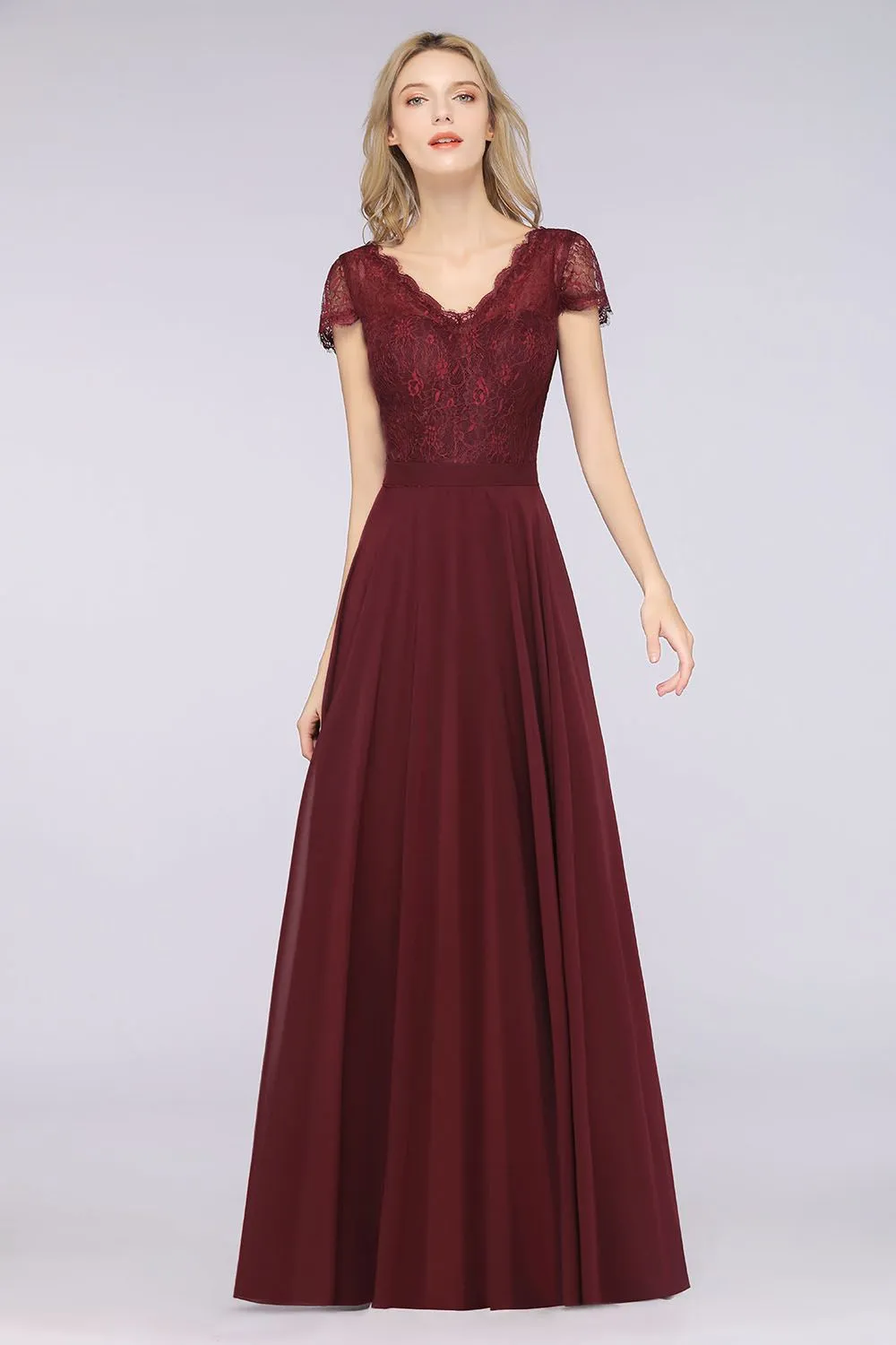 A-Line Chiffon Lace V-Neck Long Bridesmaid Dress with Sleeves