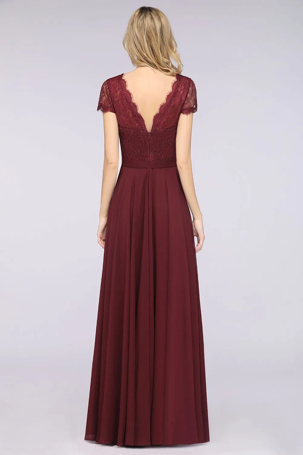 A-Line Chiffon Lace V-Neck Long Bridesmaid Dress with Sleeves