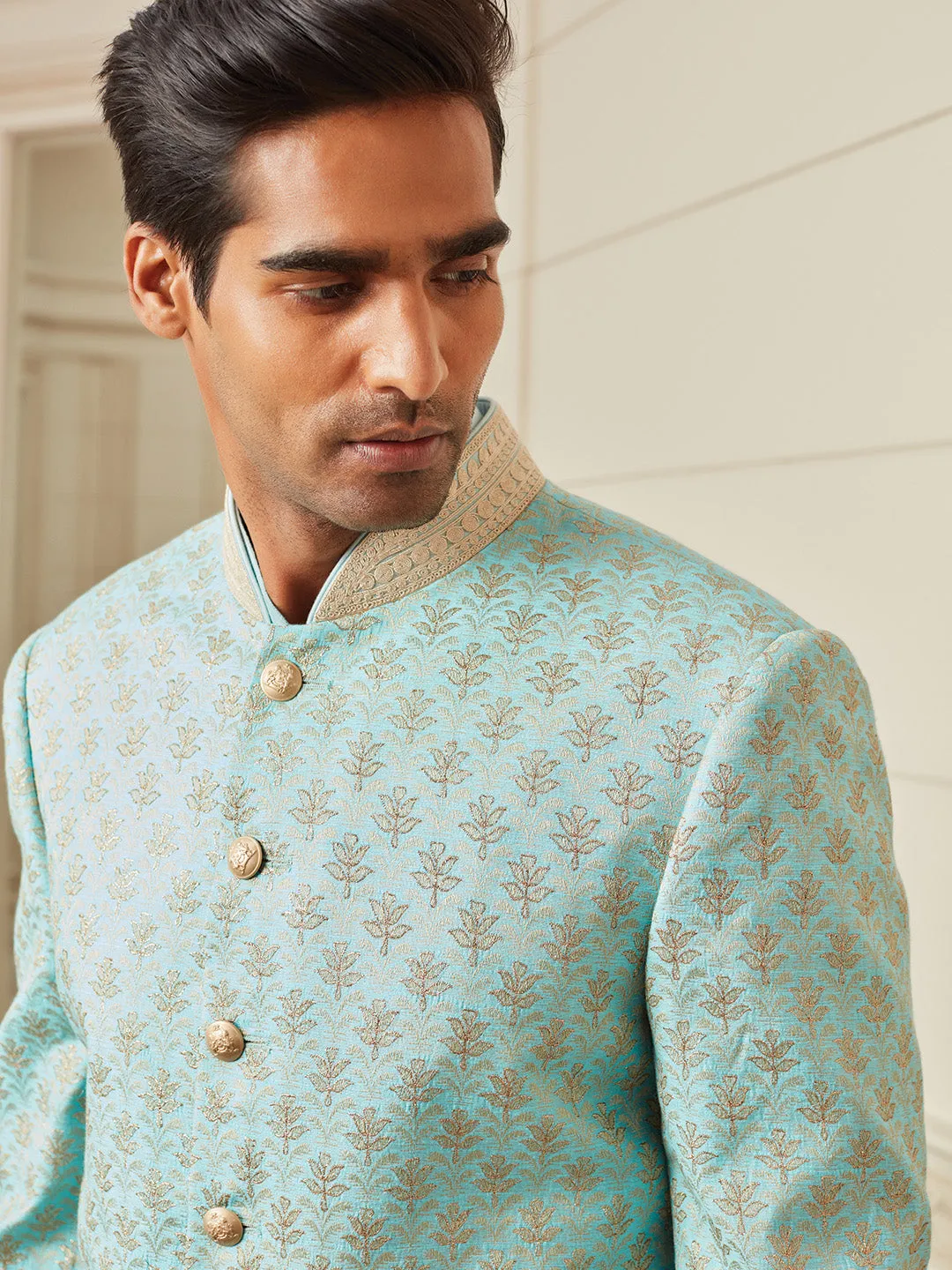 All Over Embroidered Sherwani In Silk