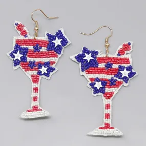 American Flag Martini Glass Seed Bead Earrings