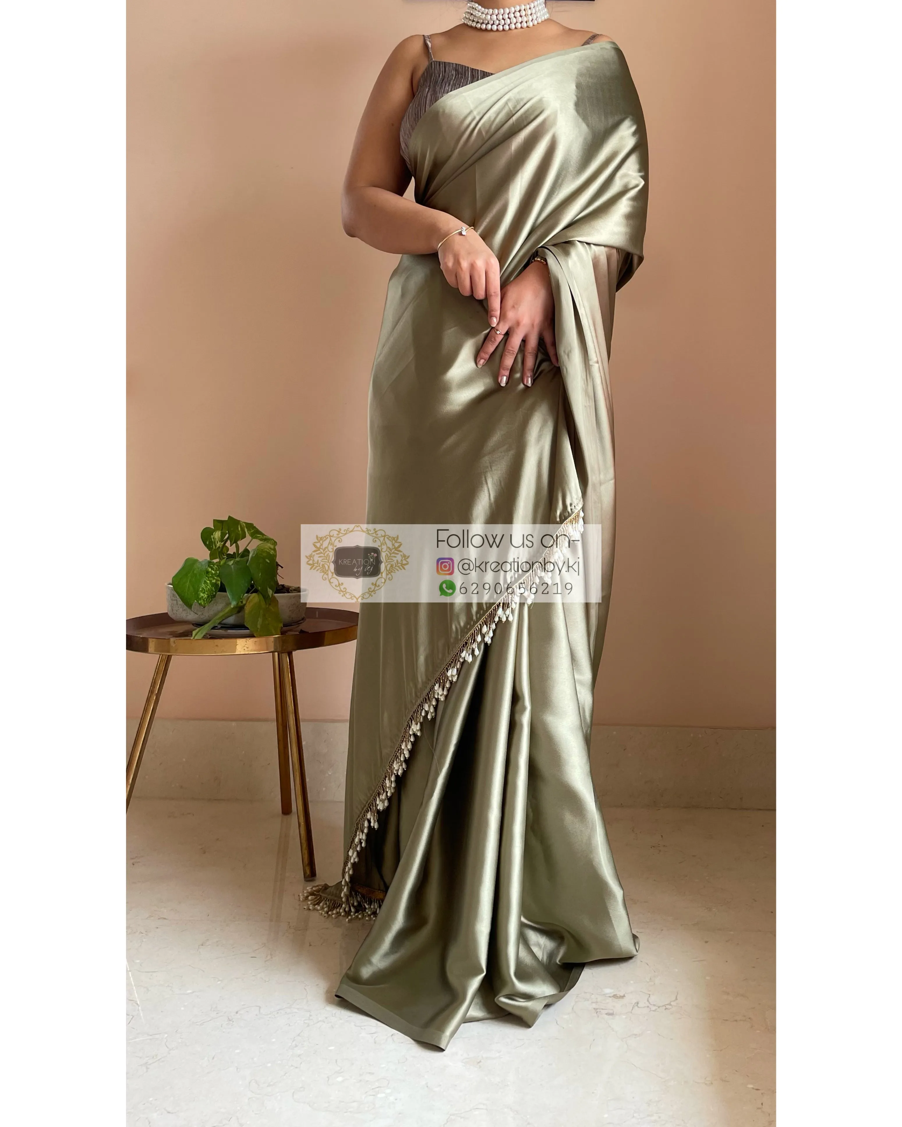 Ash Green Satin Silk Saree with Handmade Tassels on Pallu