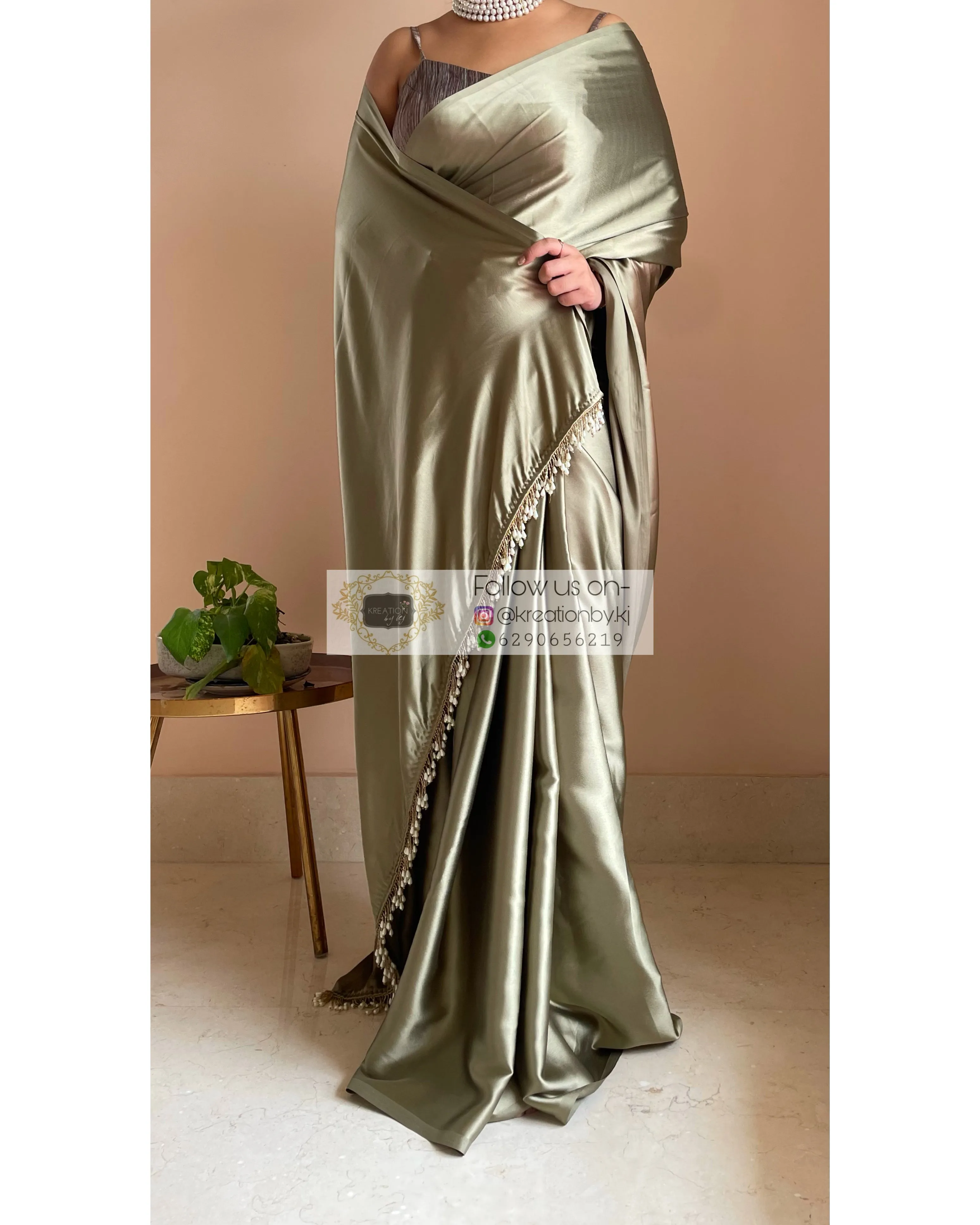 Ash Green Satin Silk Saree with Handmade Tassels on Pallu