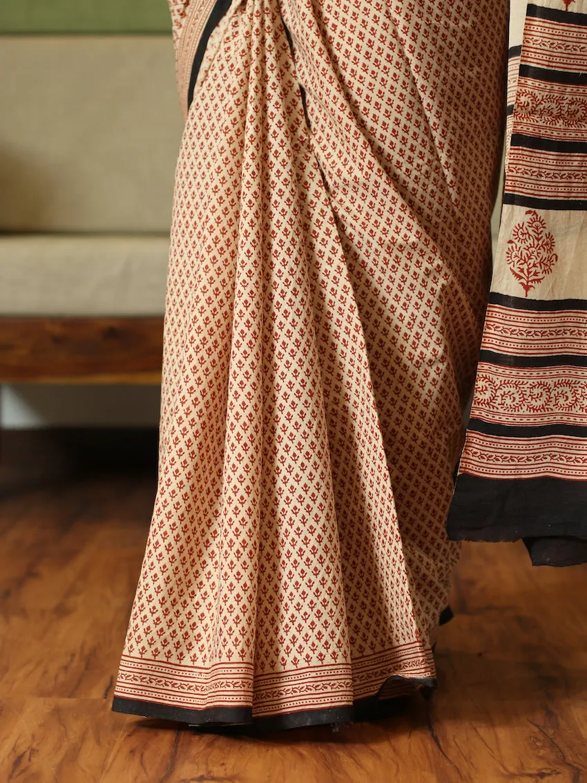 Bagru Cotton Handblock Printed Saree with Small Butti