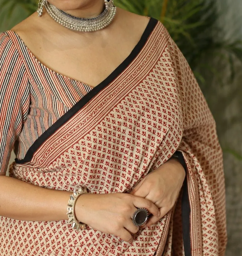 Bagru Cotton Handblock Printed Saree with Small Butti