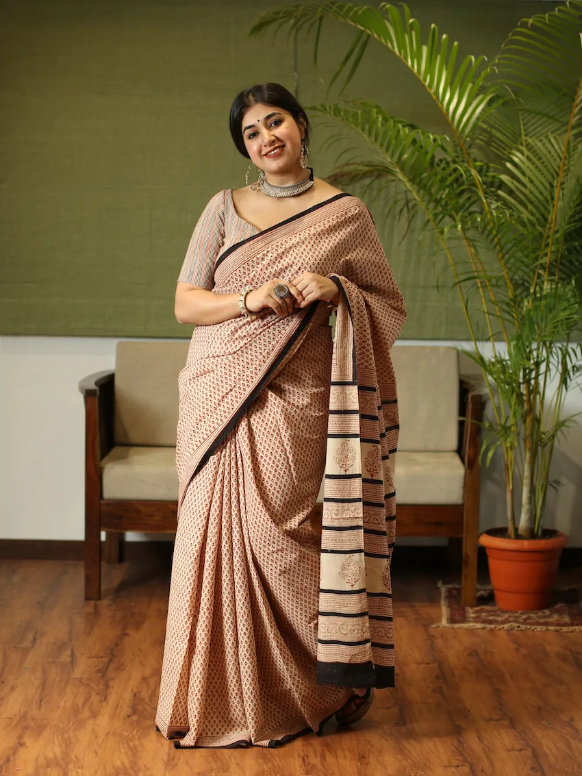 Bagru Cotton Handblock Printed Saree with Small Butti