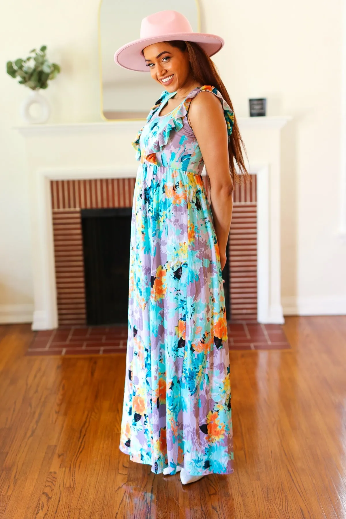 Beeson River Feeling Elegant Seafoam Floral Print Ruffle Maxi Dress