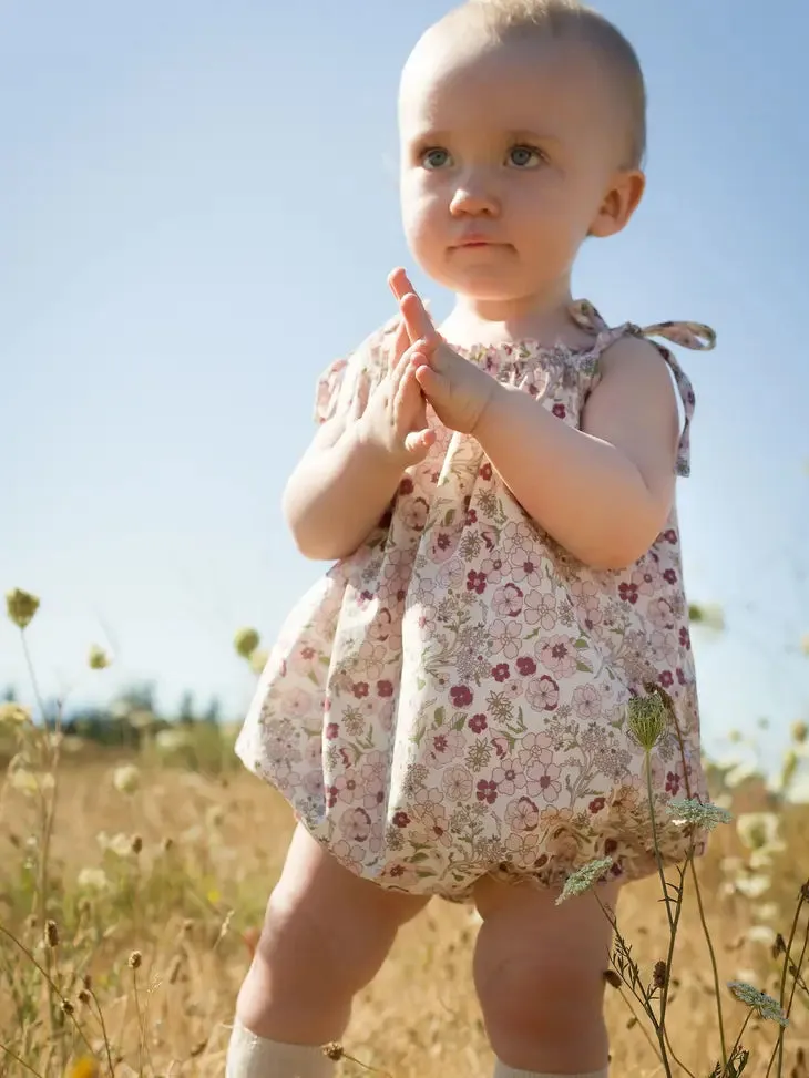 Beet World Strap Romper, Pink Ditsy