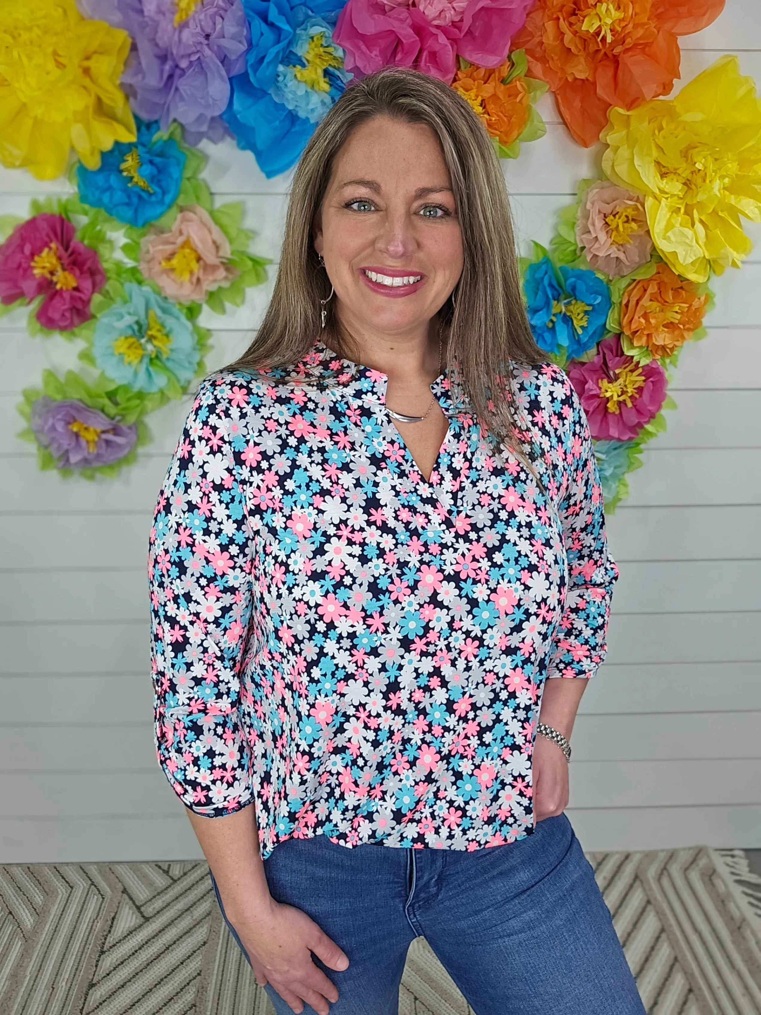 BLACK/NEON PINK/MINT FLORAL 3/4 SLEEVE LIZZY TOP