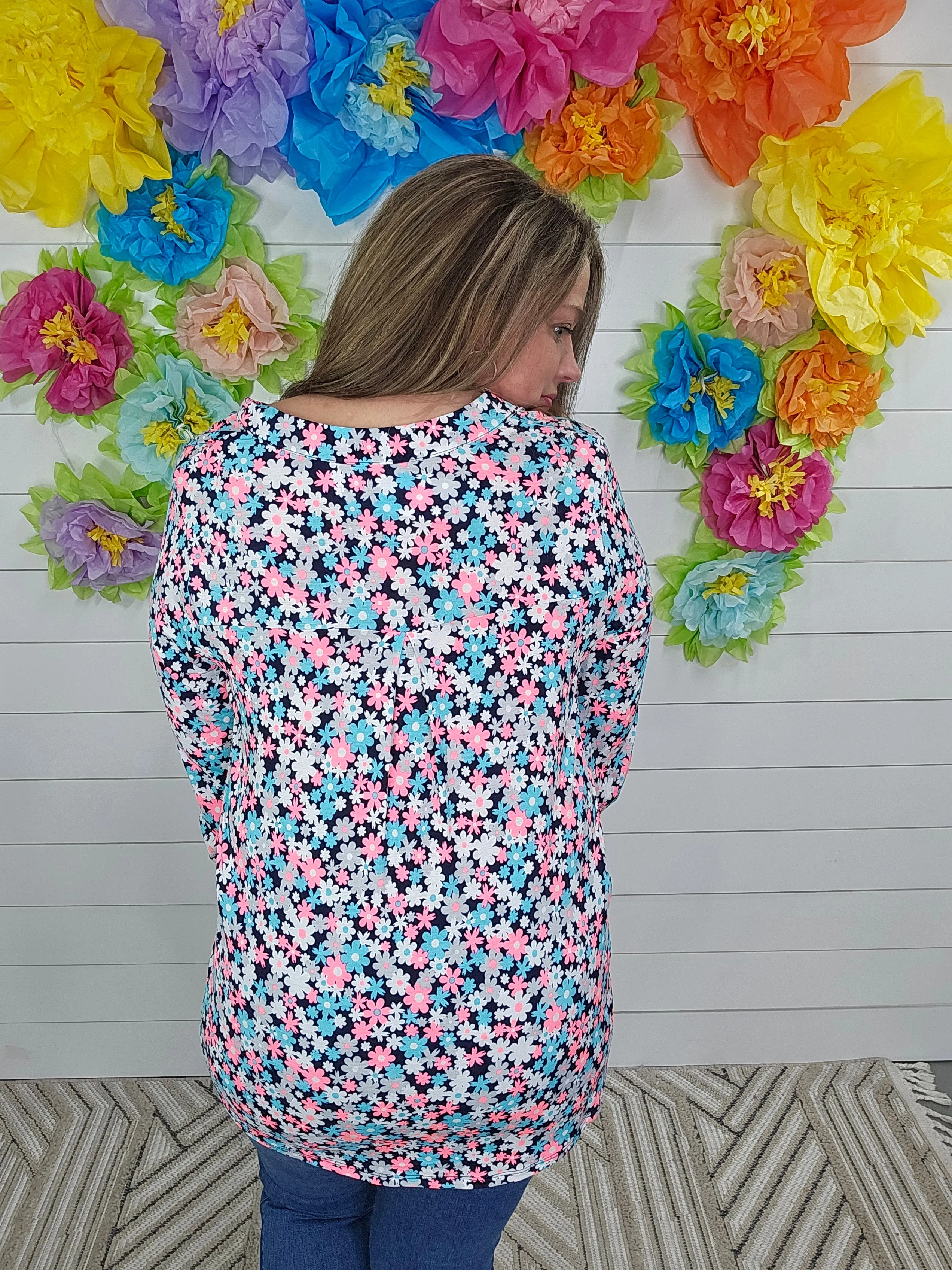 BLACK/NEON PINK/MINT FLORAL 3/4 SLEEVE LIZZY TOP