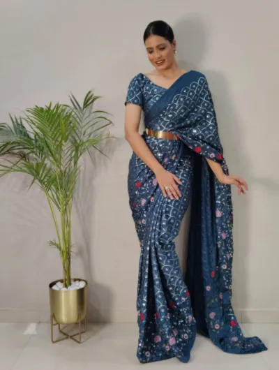 Blue One Min Saree Designer Ready to wear Embroidery