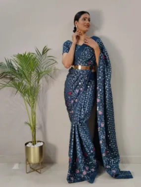 Blue One Min Saree Designer Ready to wear Embroidery