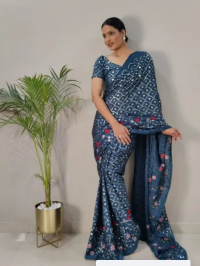 Blue One Min Saree Designer Ready to wear Embroidery