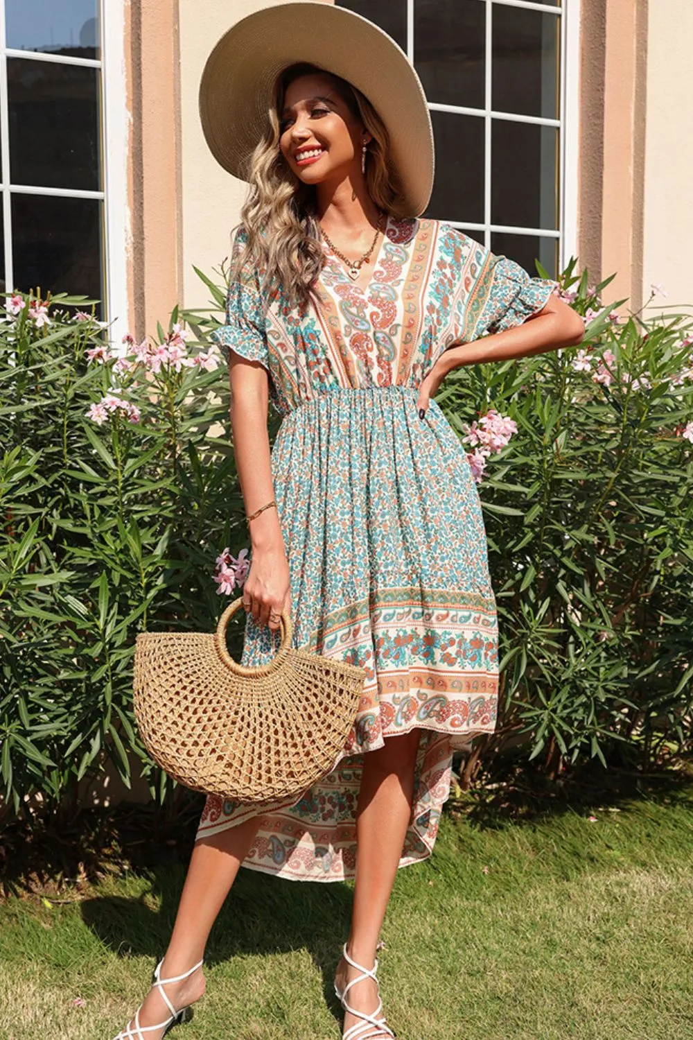 Bohemian Tie Back Flounce Sleeve Dress