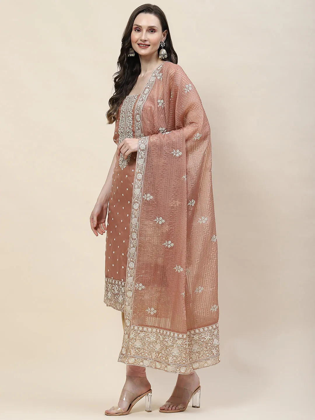 Booti Embroidered Organza Unstitched Suit Piece With Dupatta