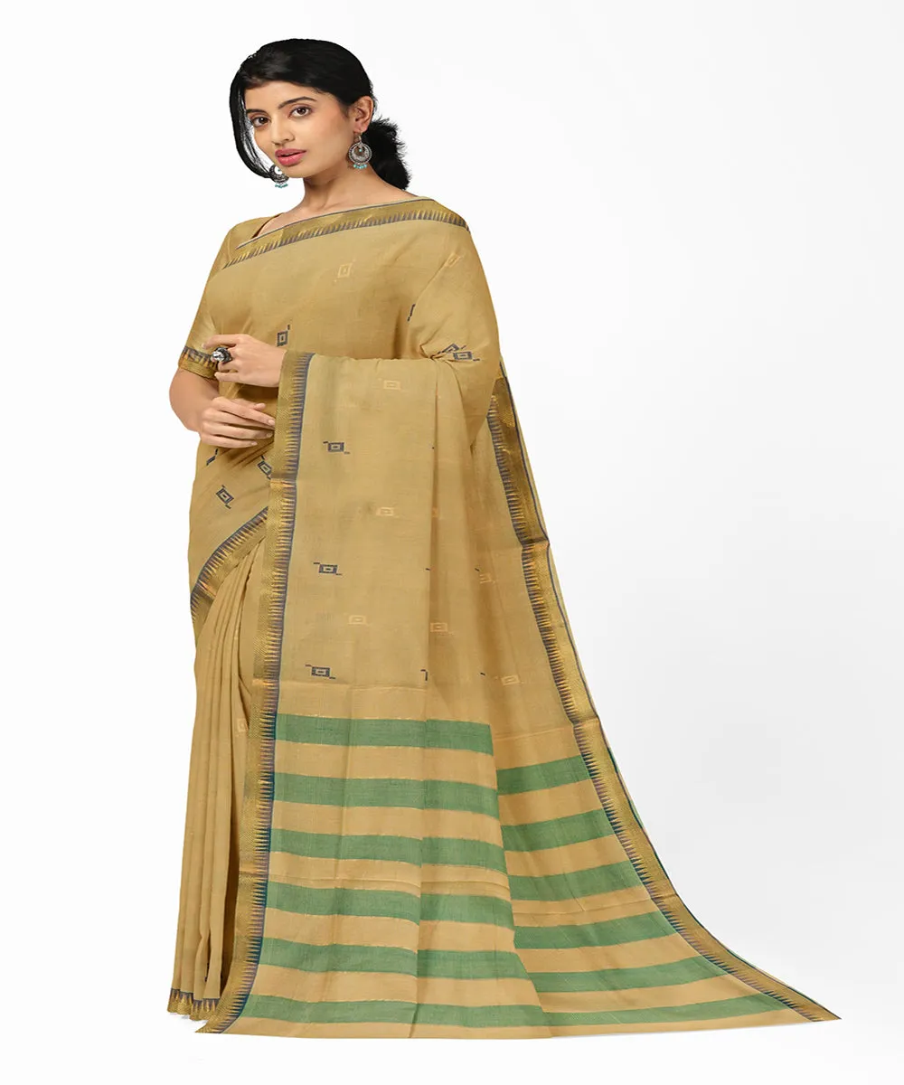 Brown green plain butta handwoven rajahmundry cotton saree