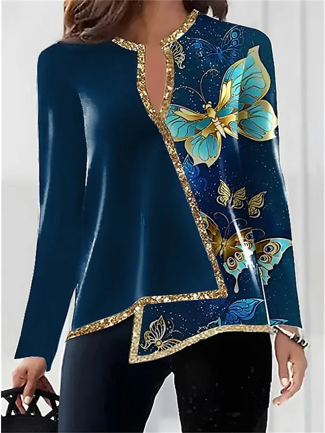 Butterfly Print Velvet Shirt Blouse for Women - Pink, Blue, and Green