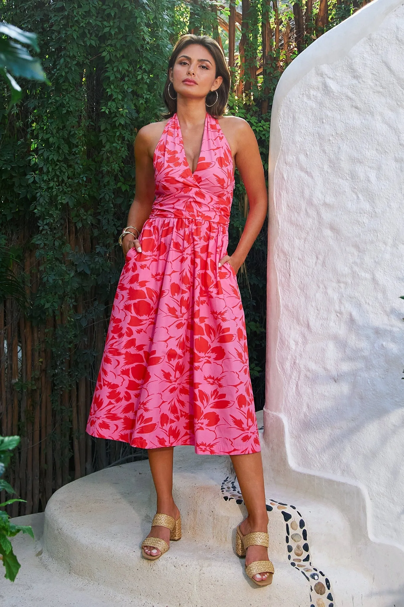 Cabana Floral Halter Fit And Flare Dress Pink