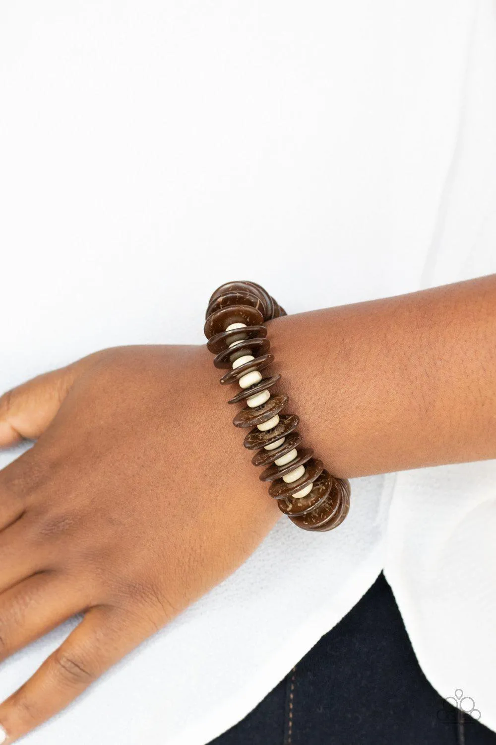 Caribbean Reefs Brown and White Wood Bracelet - Paparazzi Accessories