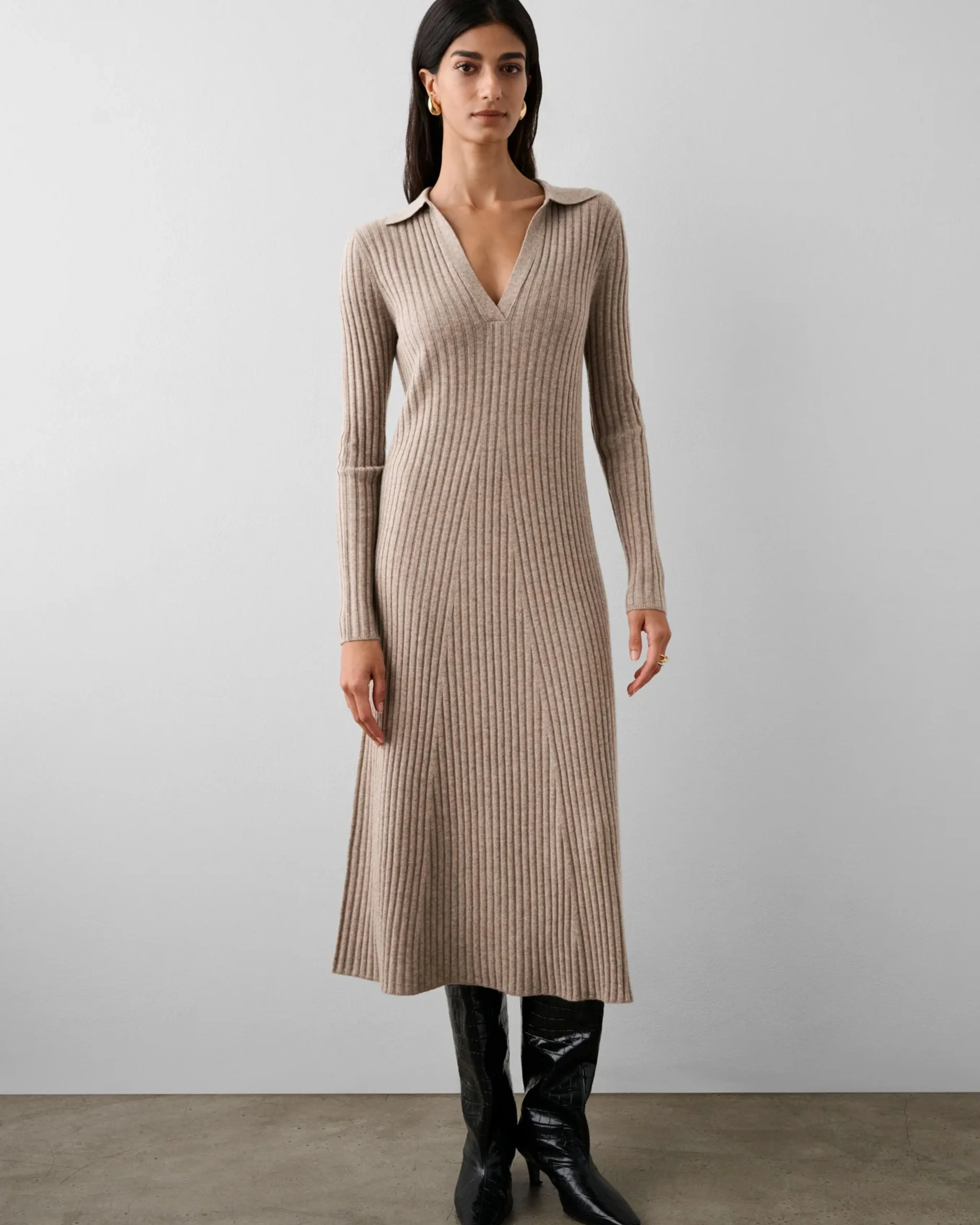 Cashmere Blended Ribbed Polo Dress