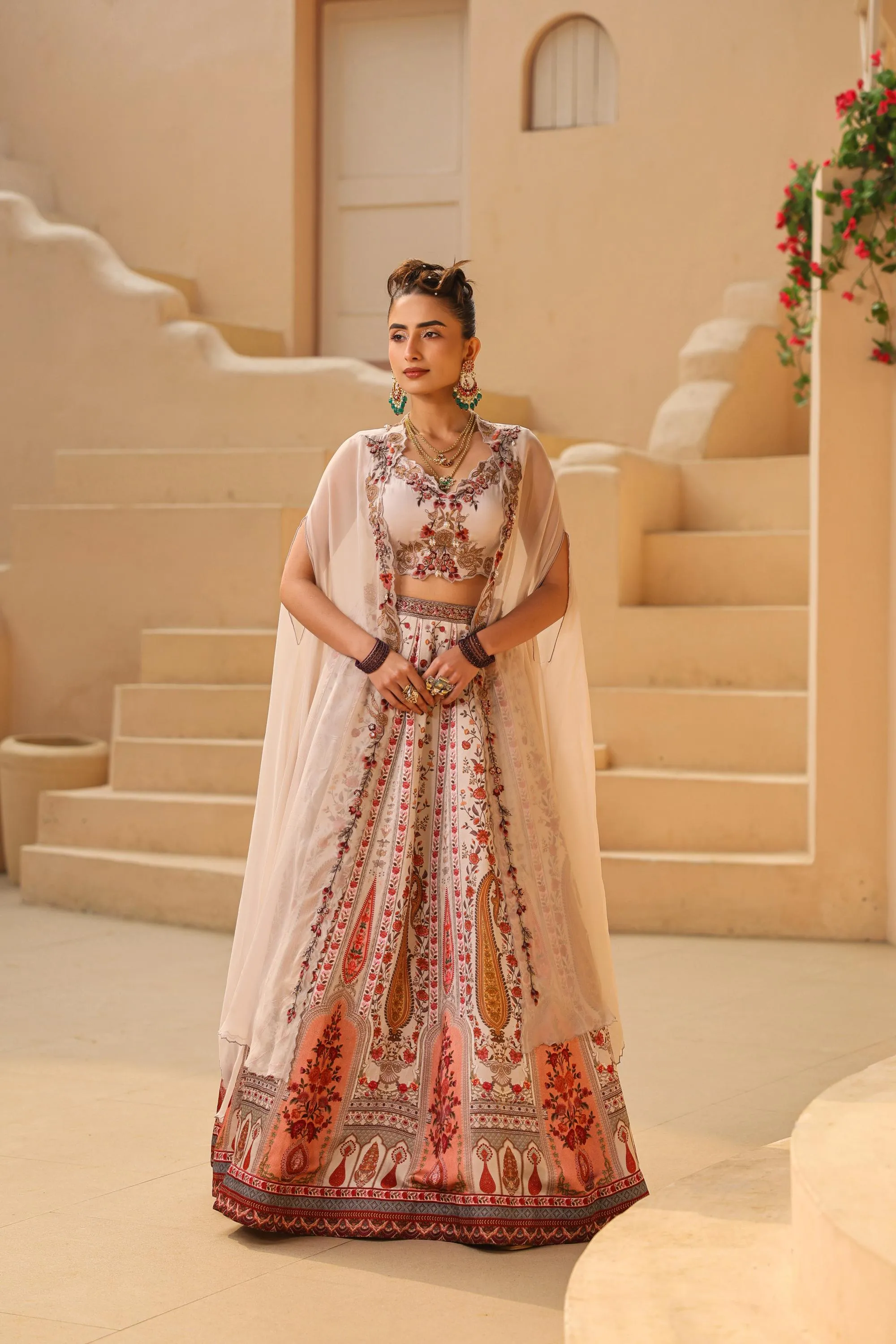 Champagne Traditional Kashmiri Printed Cape Lehenga Set