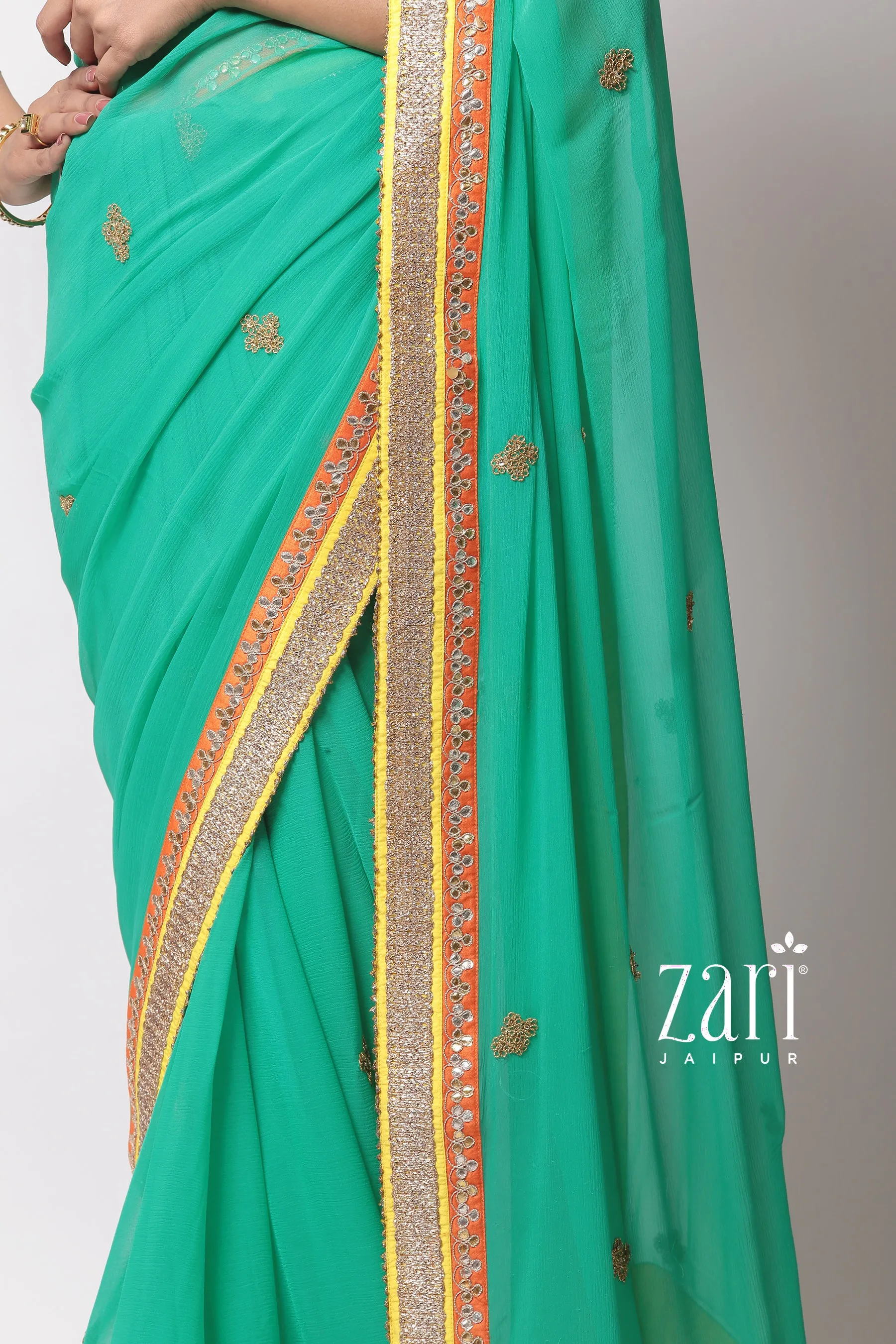 Chiffon  Saree with Aari, Gota Patti, Sequins work.