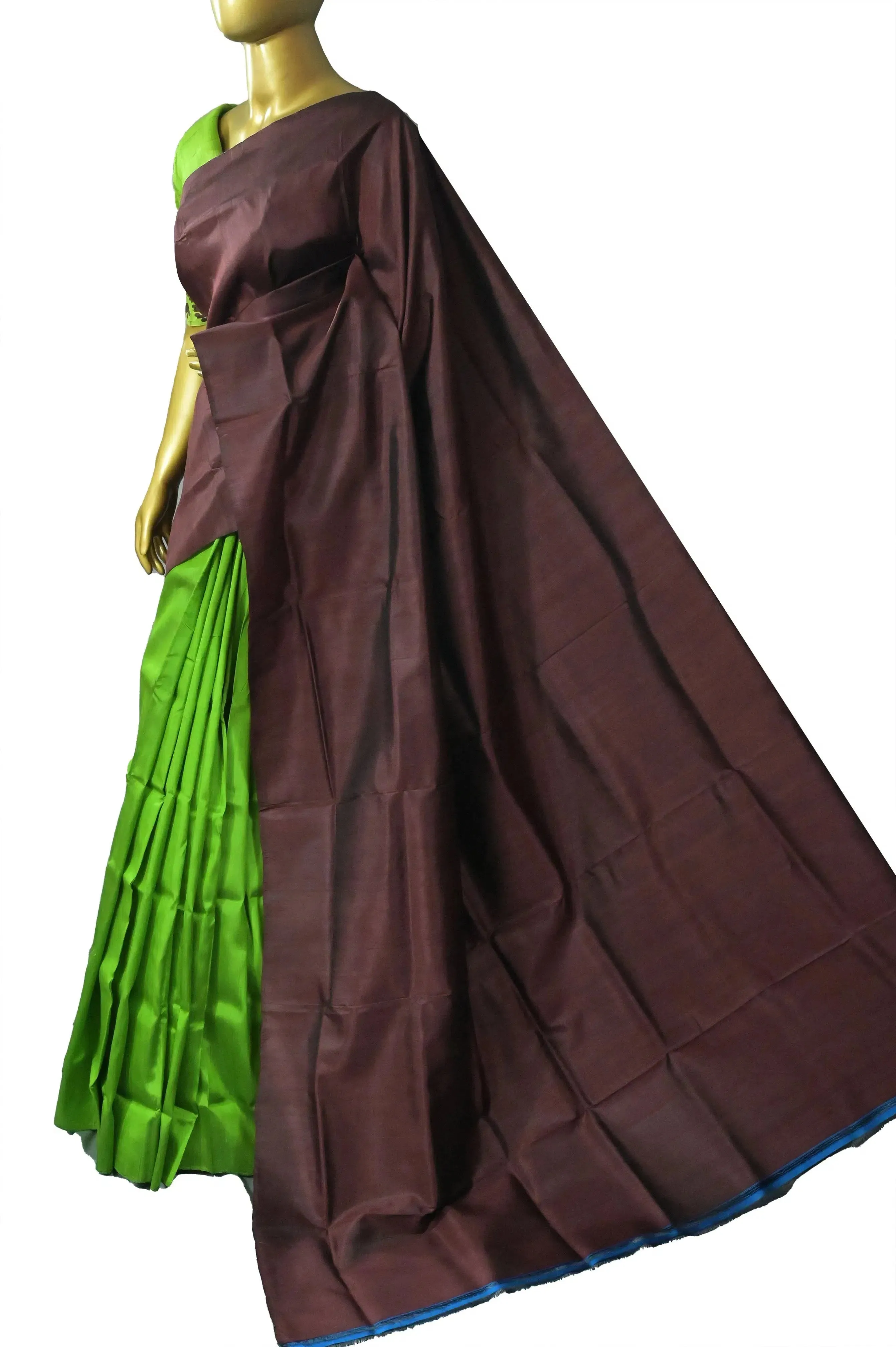 Chocolate & Parrot Green Color Half and Half Bishnupur Katan Silk Saree