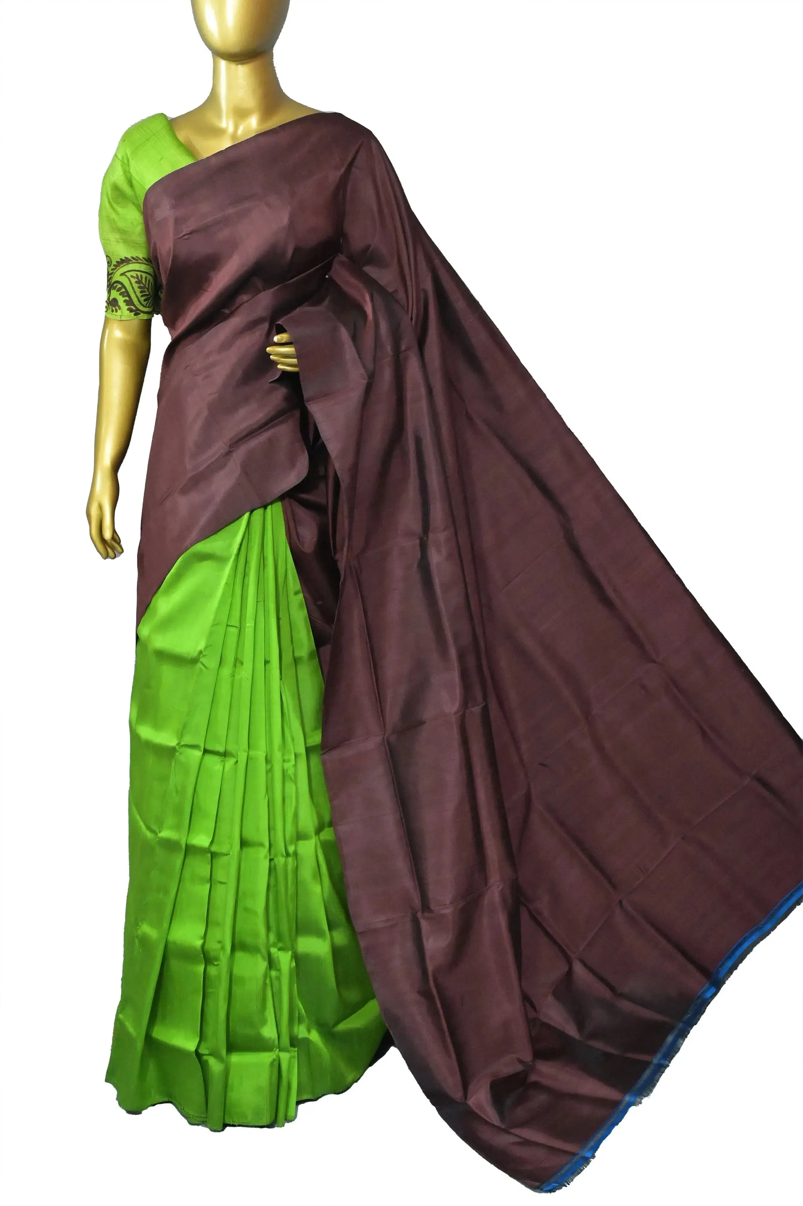 Chocolate & Parrot Green Color Half and Half Bishnupur Katan Silk Saree