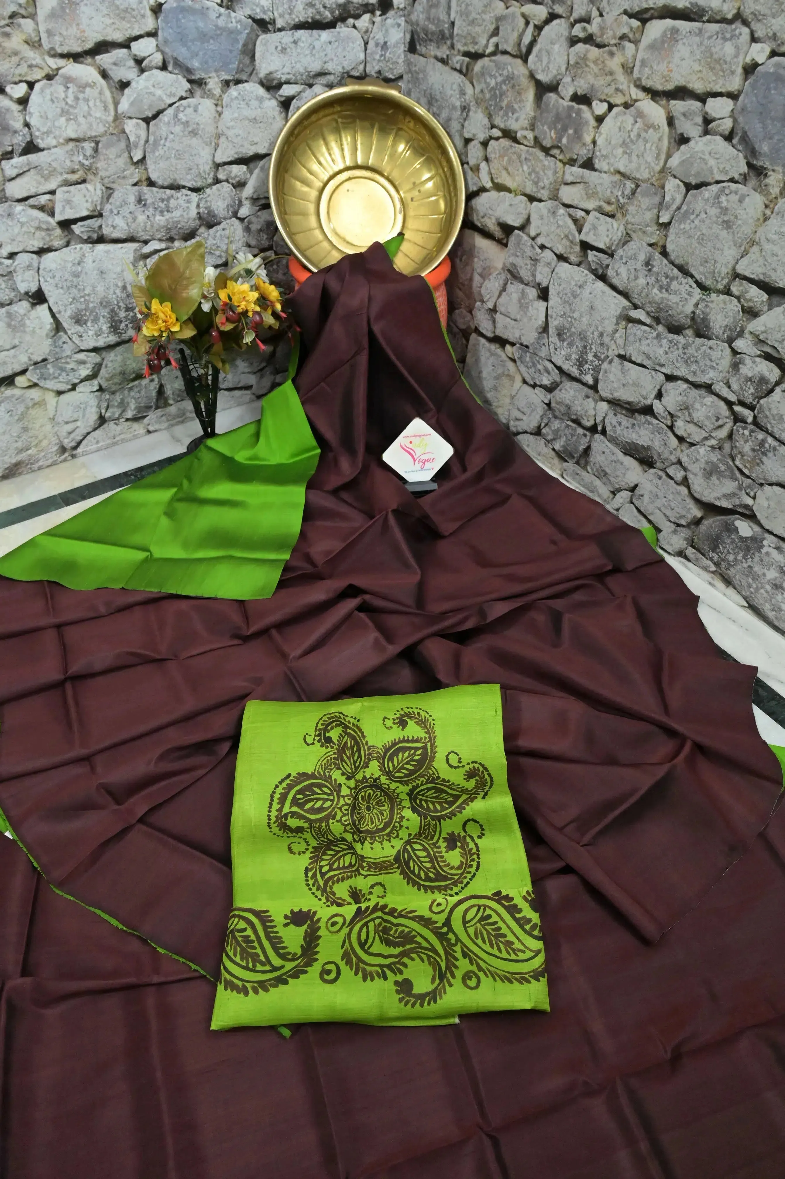 Chocolate & Parrot Green Color Half and Half Bishnupur Katan Silk Saree