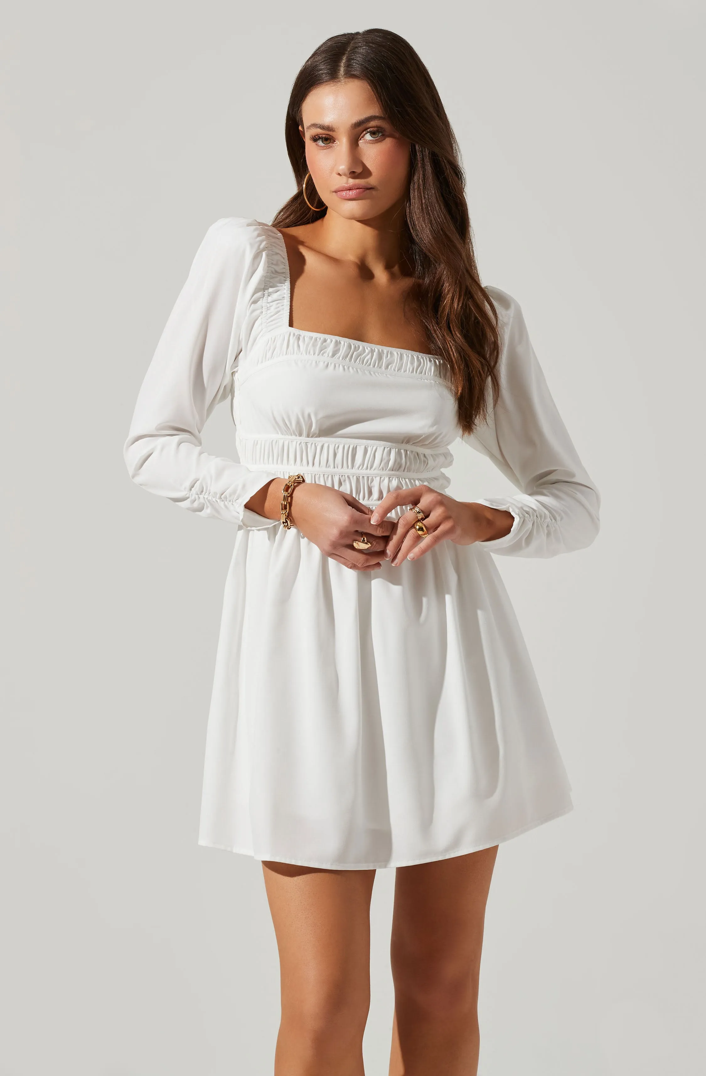 Cinched Waist Long Sleeve Mini Dress