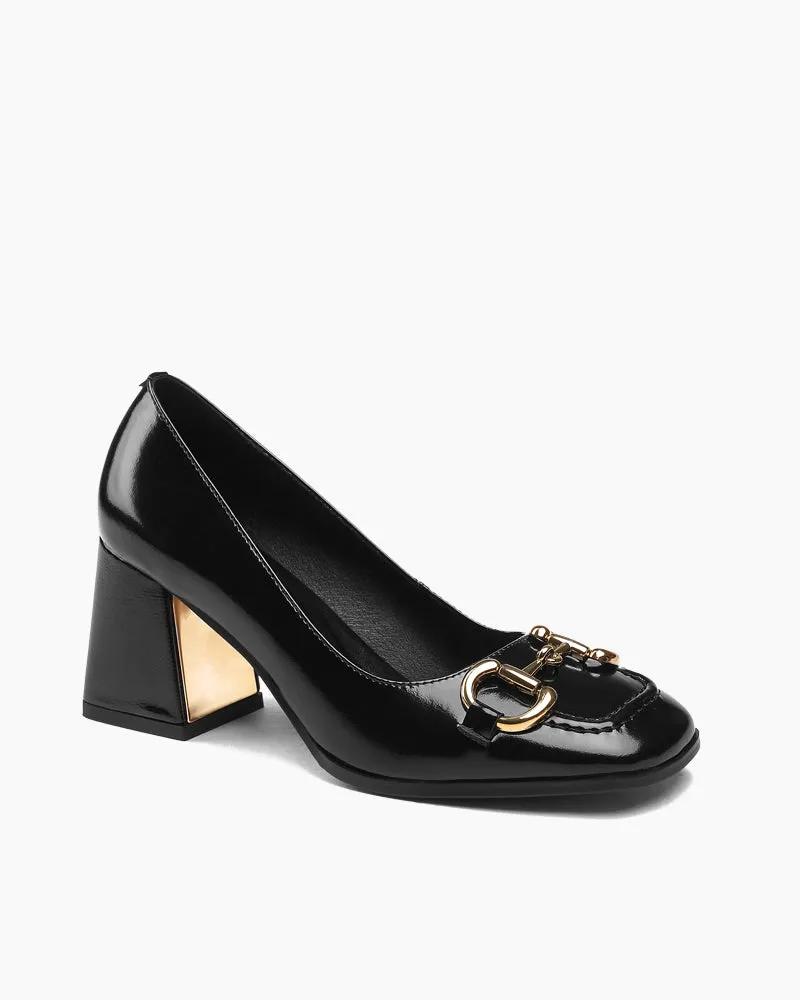 Classic Metal Buckle Patent Leather Thick Heel Shallow Mouth Loafers