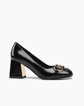 Classic Metal Buckle Patent Leather Thick Heel Shallow Mouth Loafers