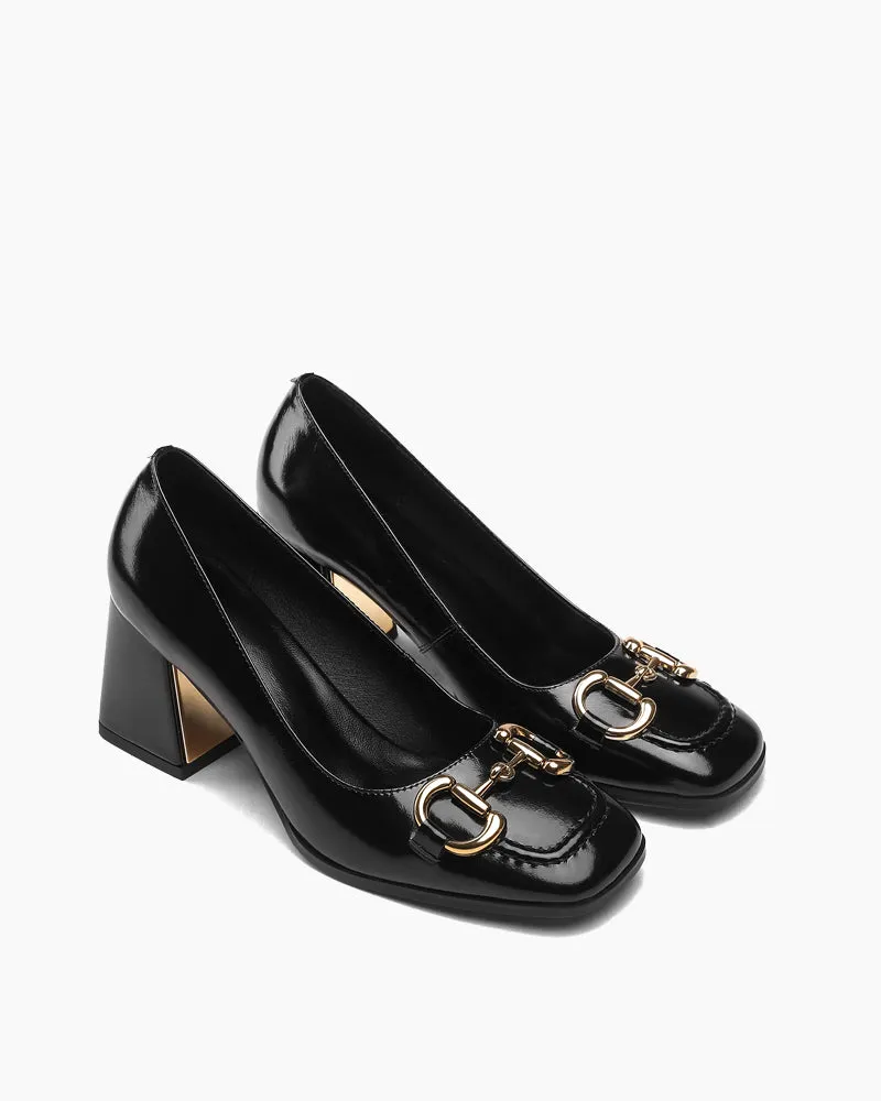 Classic Metal Buckle Patent Leather Thick Heel Shallow Mouth Loafers