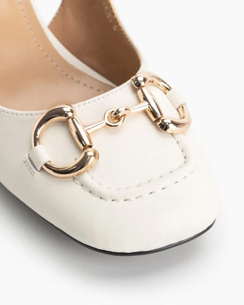 (Clean Up) Classic Metal Buckle Thick Heel Slingback Loafers