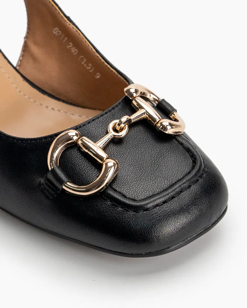 (Clean Up) Classic Metal Buckle Thick Heel Slingback Loafers