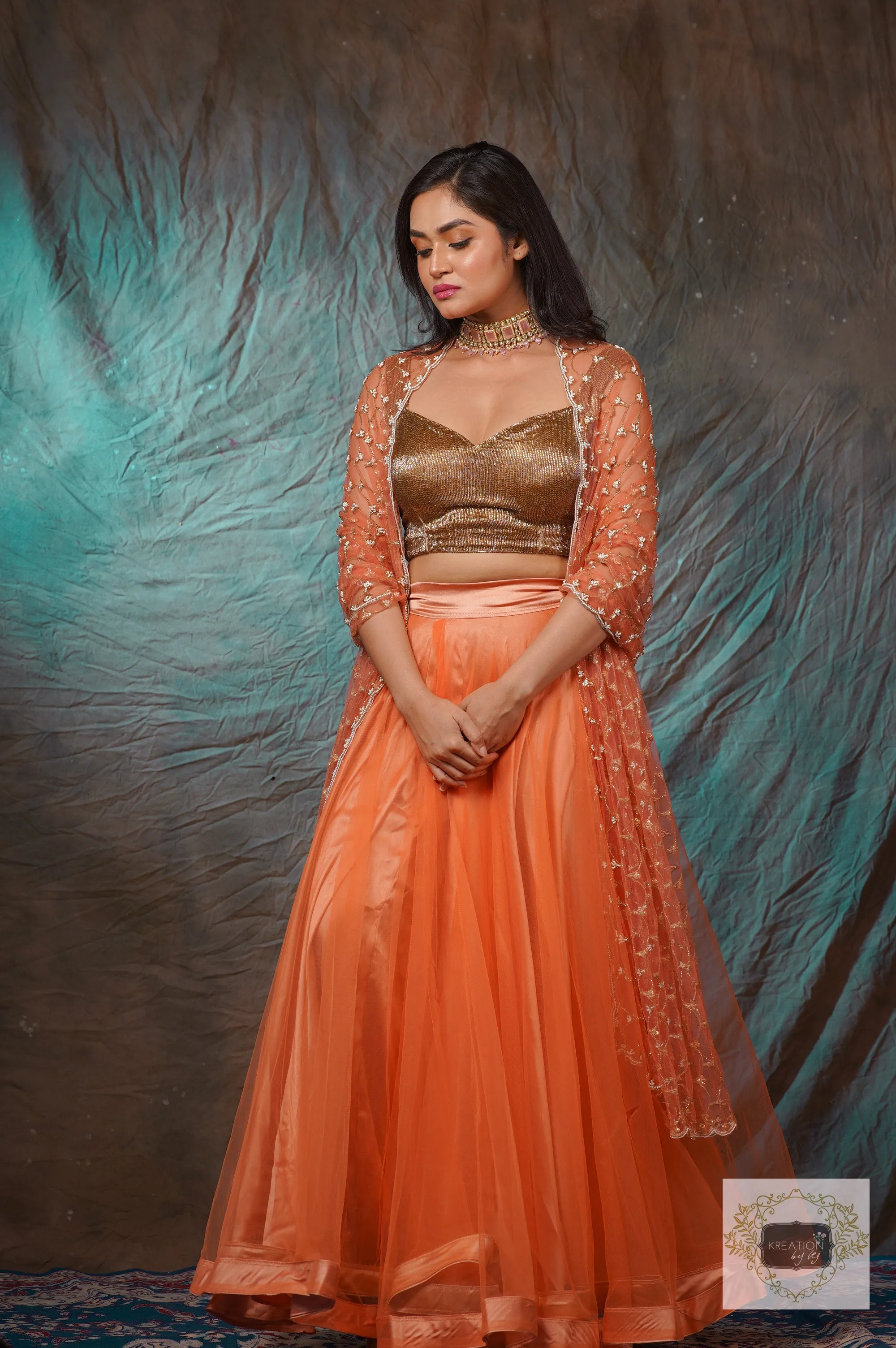 Coral Handembroidered Double Flared Lehenga Set